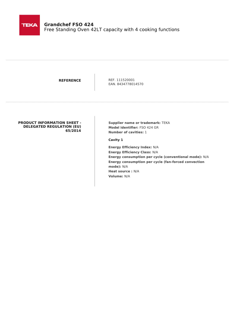 Page 1 de la notice Fiche technique Teka FSO 424 GR