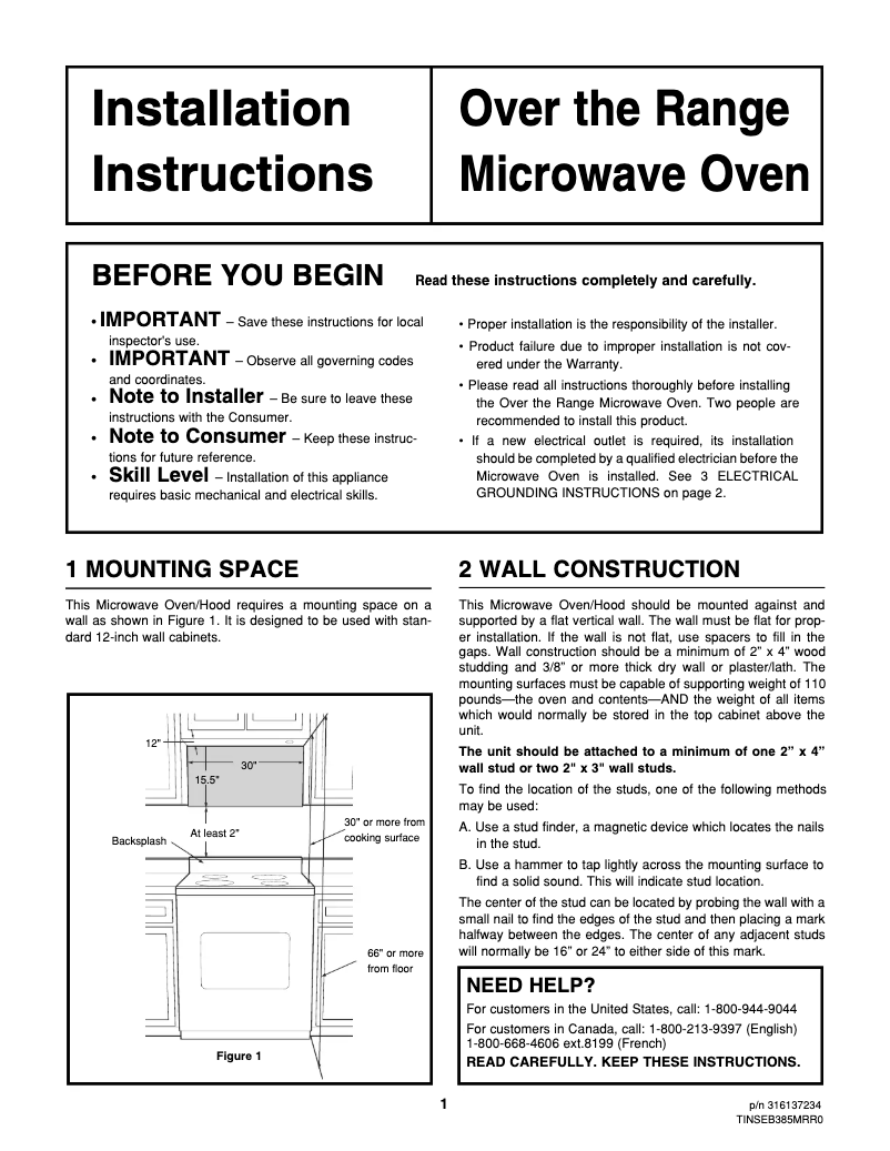Page n°1 - Guide d'installation Frigidaire GLMV169GB
