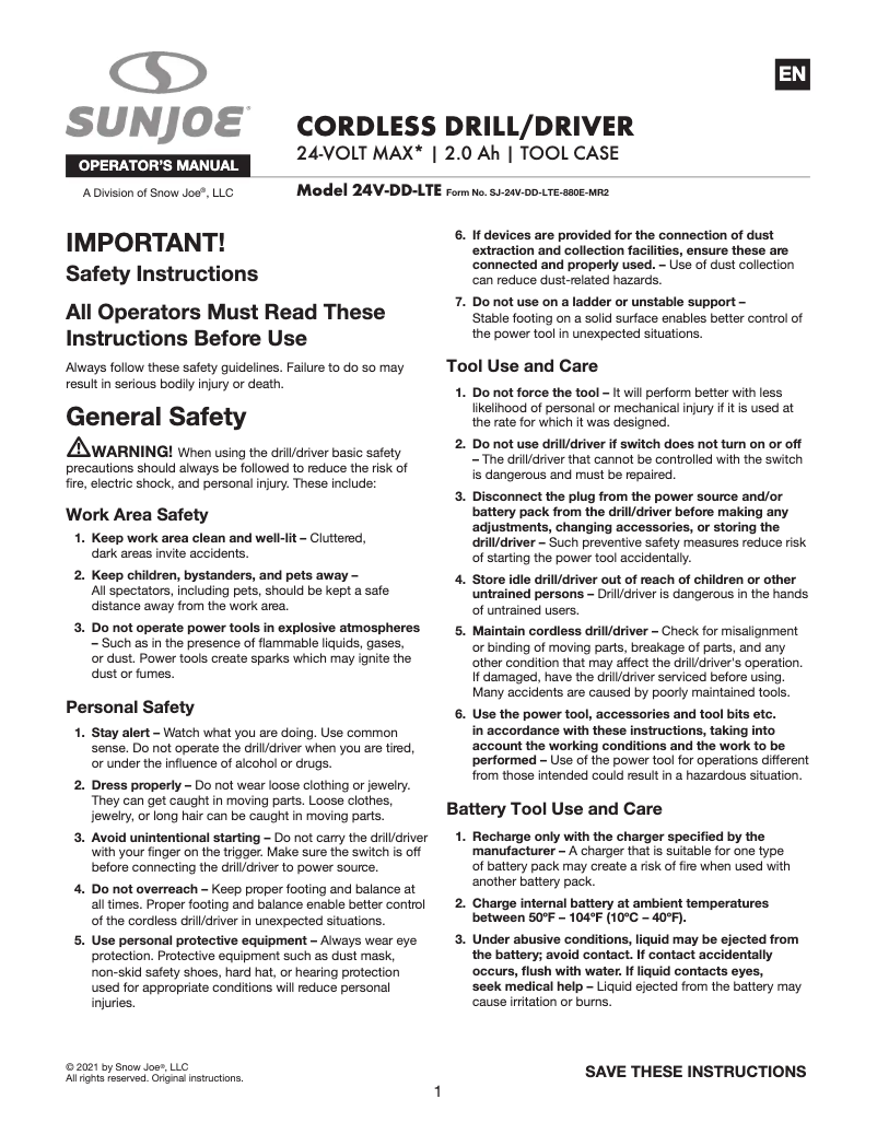 Page n°1 - Manuel utilisateur Sun Joe 24V-DD-LTE