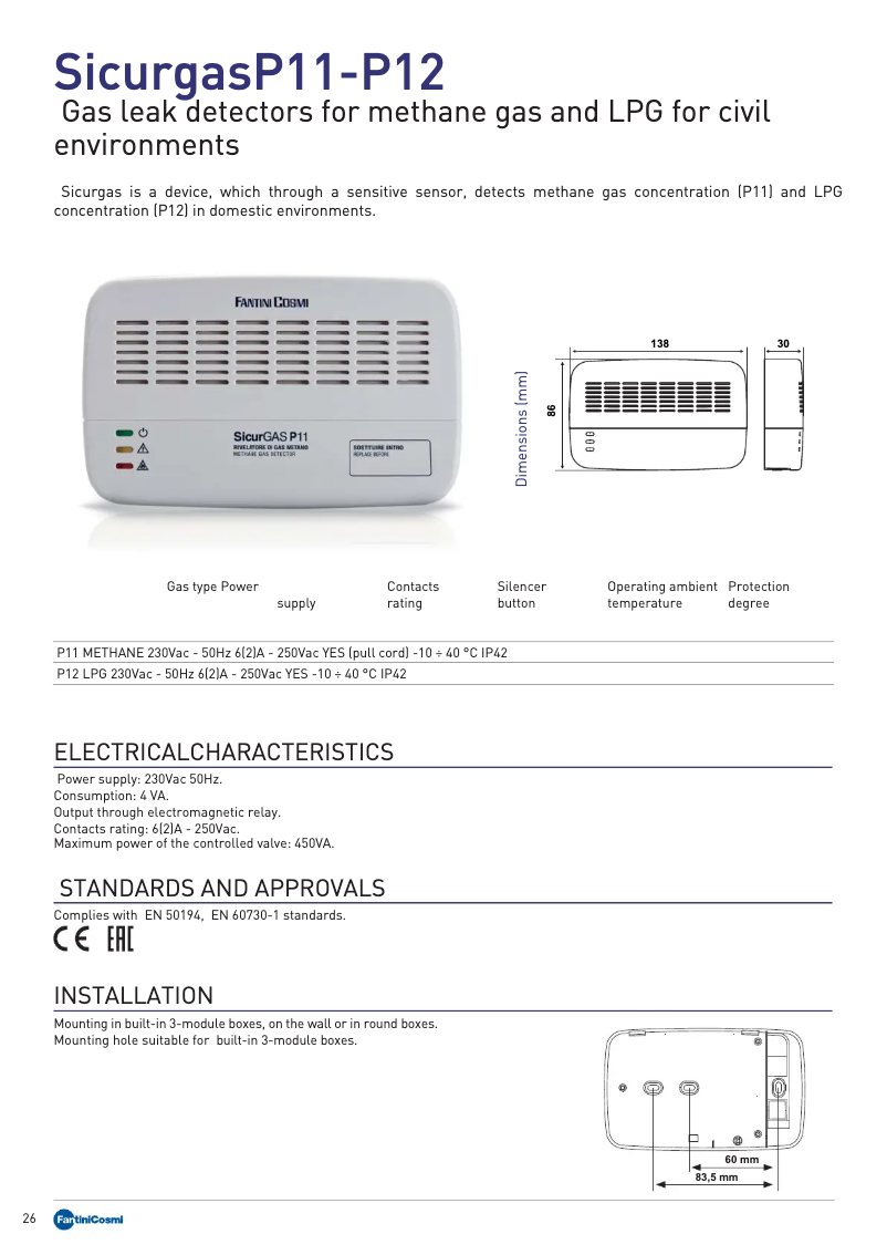 Page 1 de la notice Fiche technique Fantini Cosmi Sicurgas P11