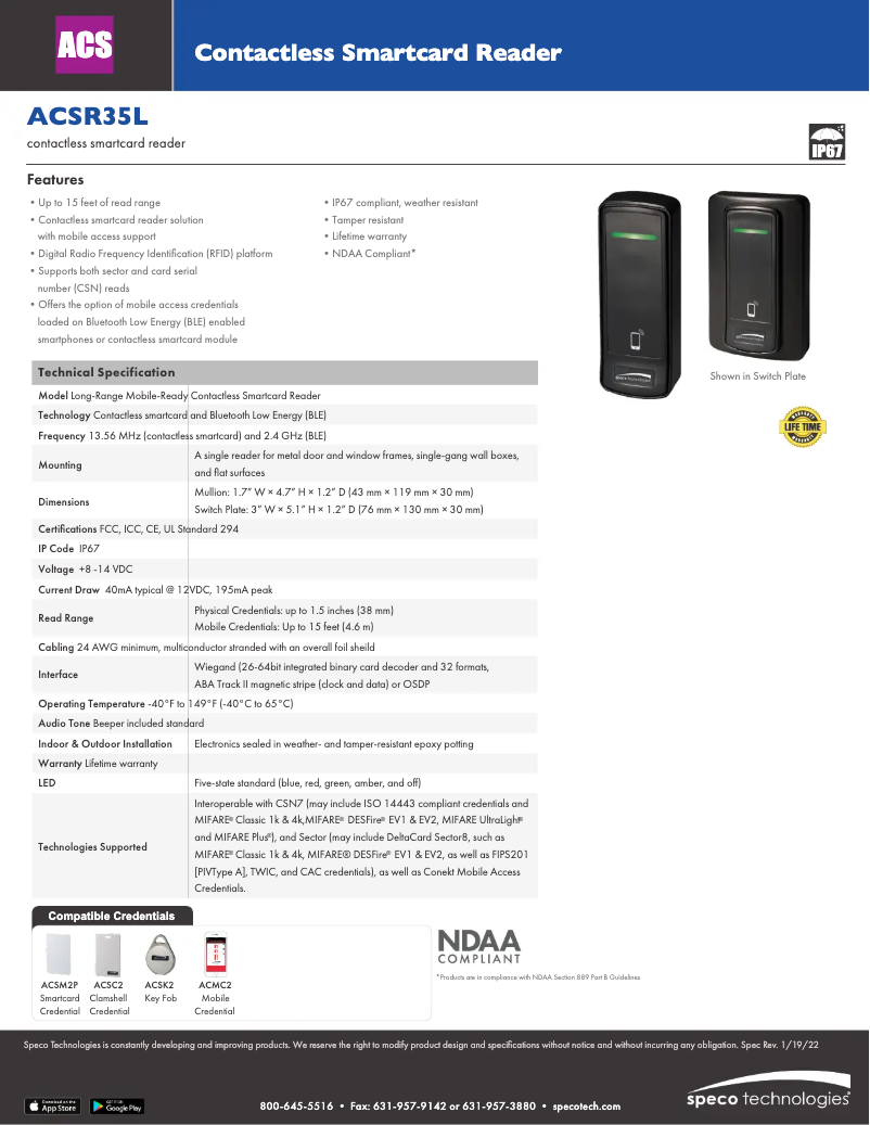 Page 1 de la notice Fiche technique Speco Technologies ACSR35L