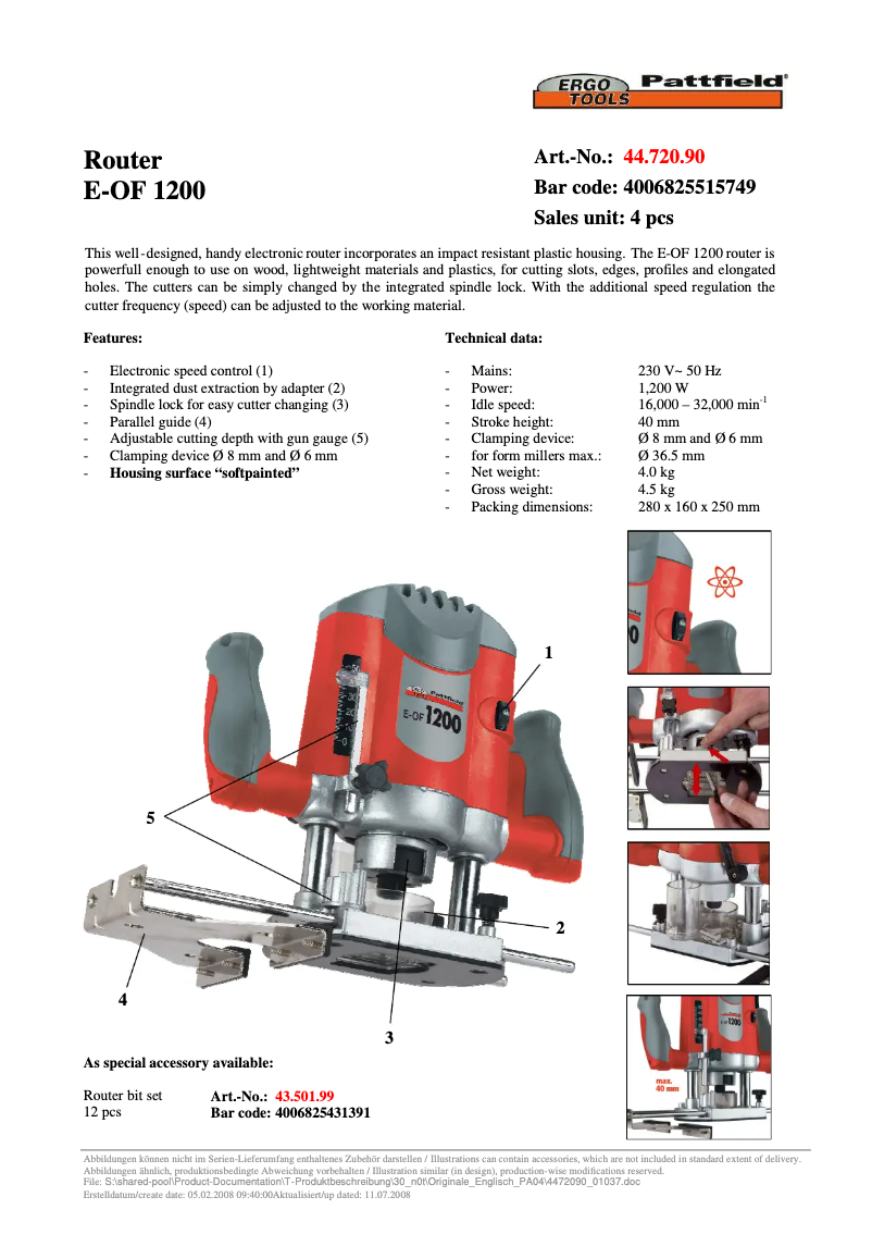 Page 1 de la notice Manuel utilisateur Ergotools Pattfield E-OF 1200