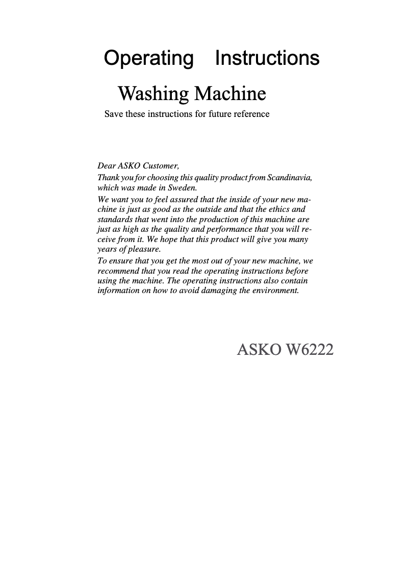 Page 1 de la notice Manuel utilisateur Asko W6222