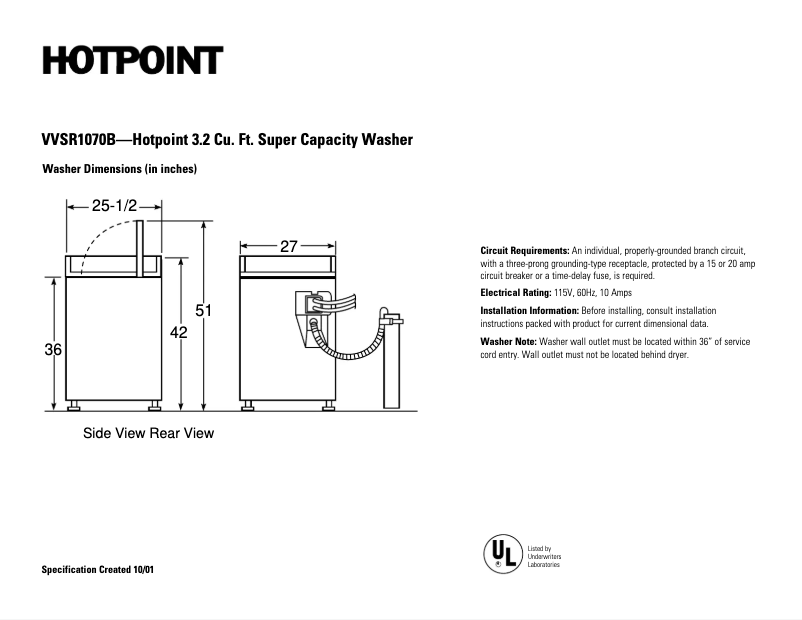 Page 1 de la notice Fiche technique Hotpoint VVSR1070BWW