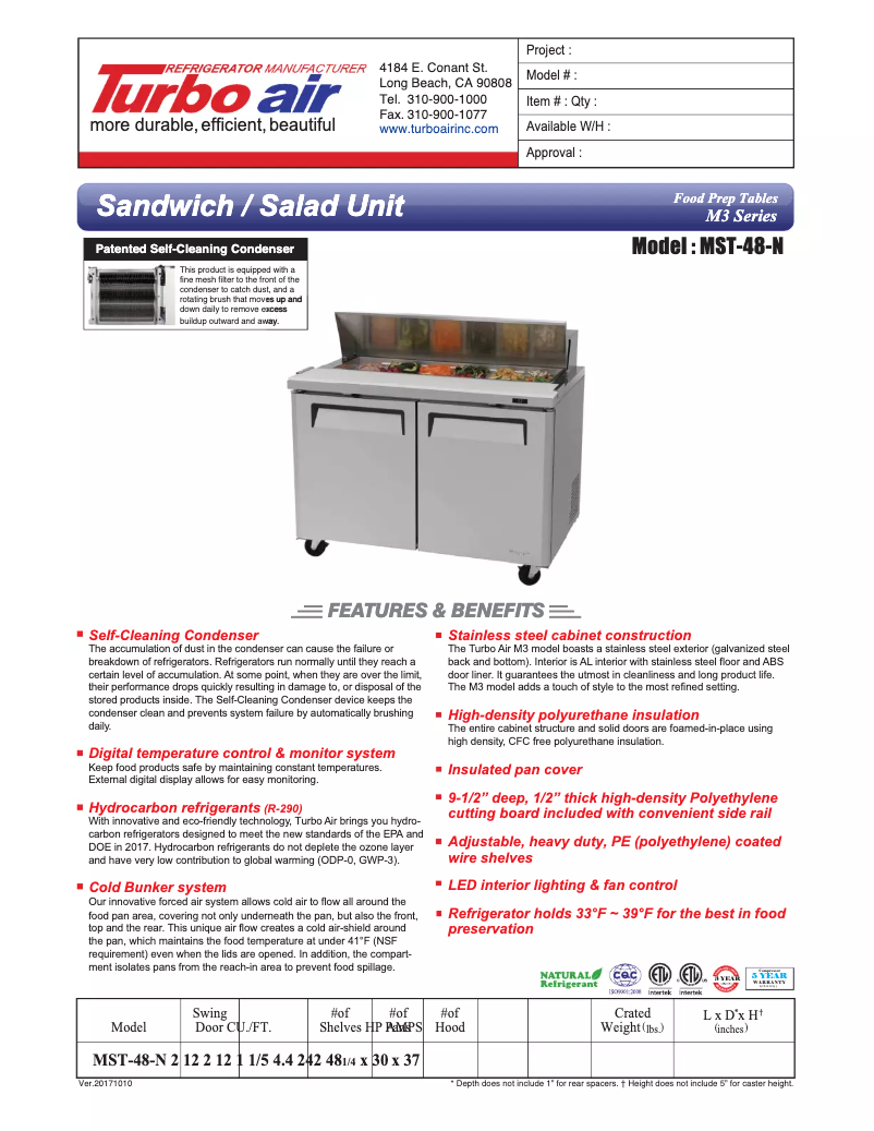 Page 1 de la notice Fiche technique Turbo air MST-48