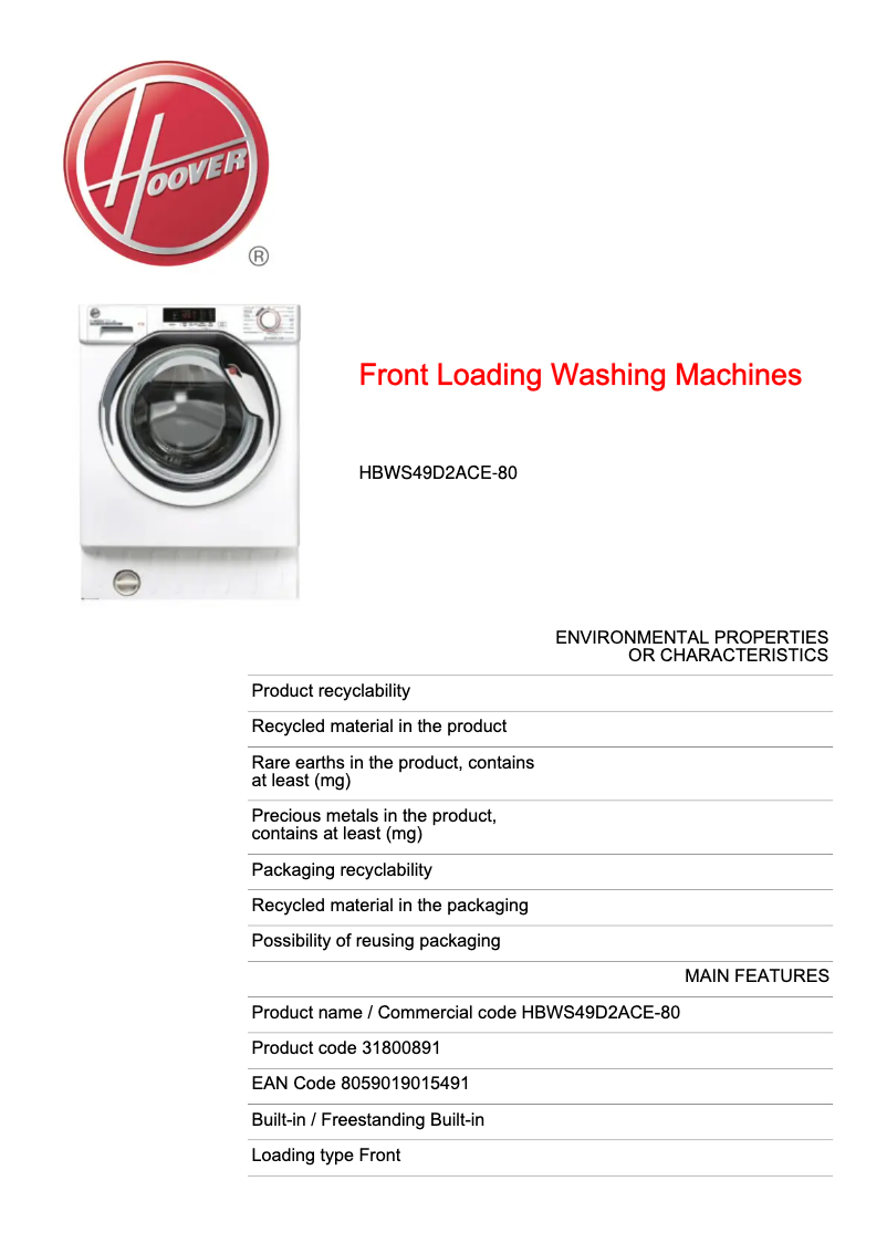 Página 1 del manual Ficha técnica Hoover H-WASH 300 LITE HBWS49D2ACE-80