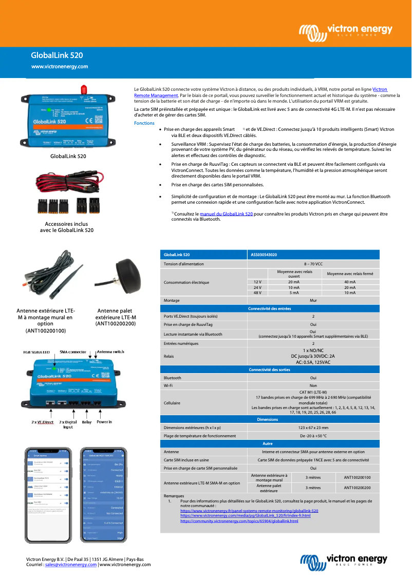 Page n°1 - Fiche technique Victron Energy GlobalLink 520