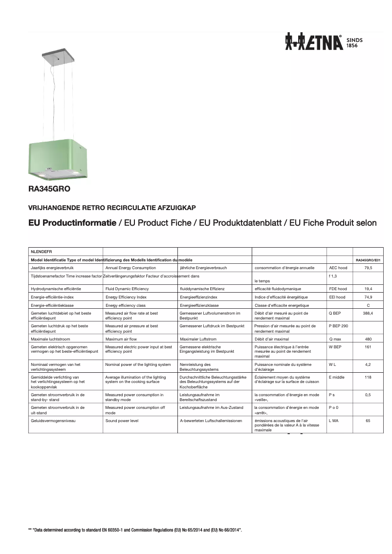 Page 1 de la notice Fiche technique Etna RA345GRO