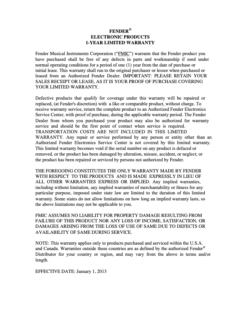 Page 1 de la notice Informations de garantie Fender Engager Boost