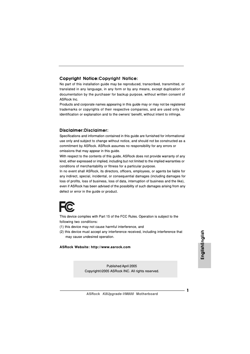 Page n°1 - Manuel utilisateur Asrock K8Upgrade-VM800