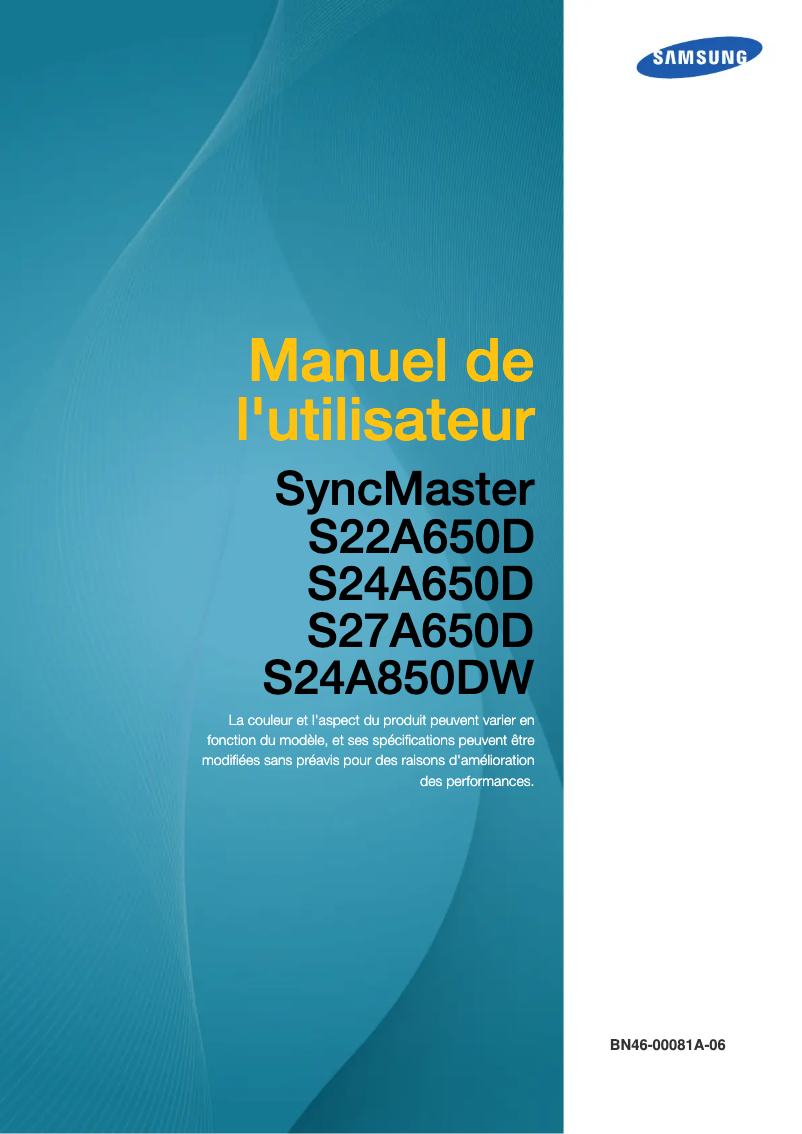 Page 1 de la notice Manuel utilisateur Samsung SyncMaster S27A650D