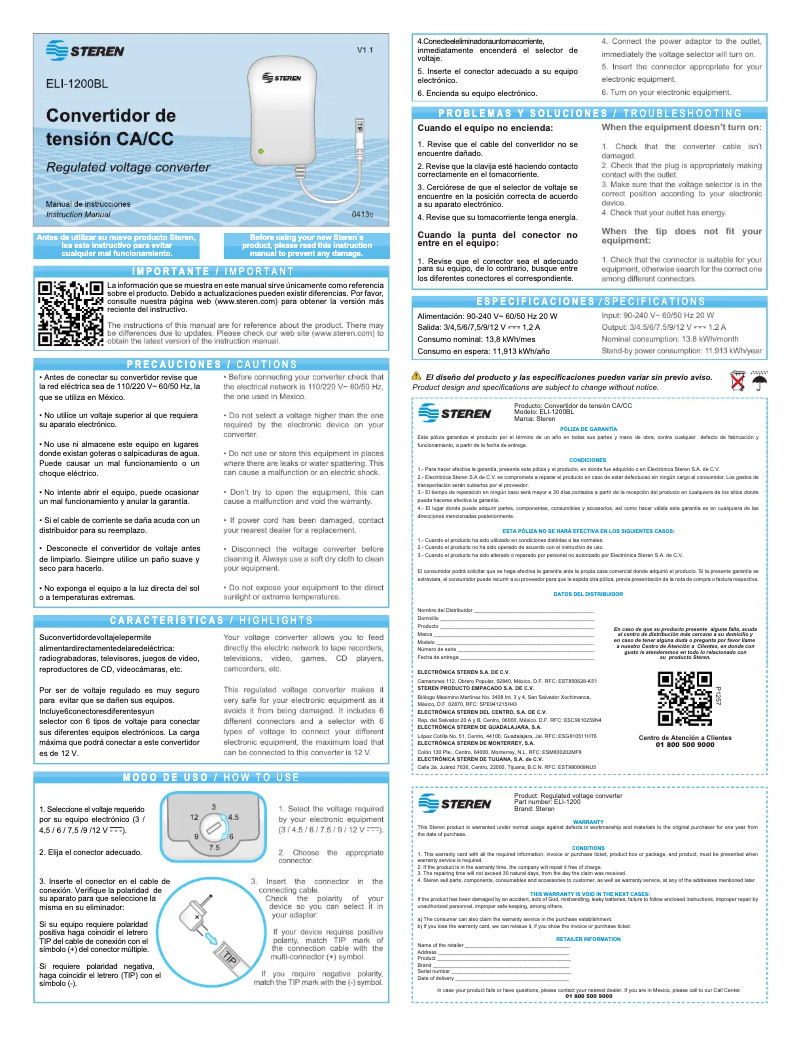 Image de la première page du manuel de l'appareil ELI-1200BL