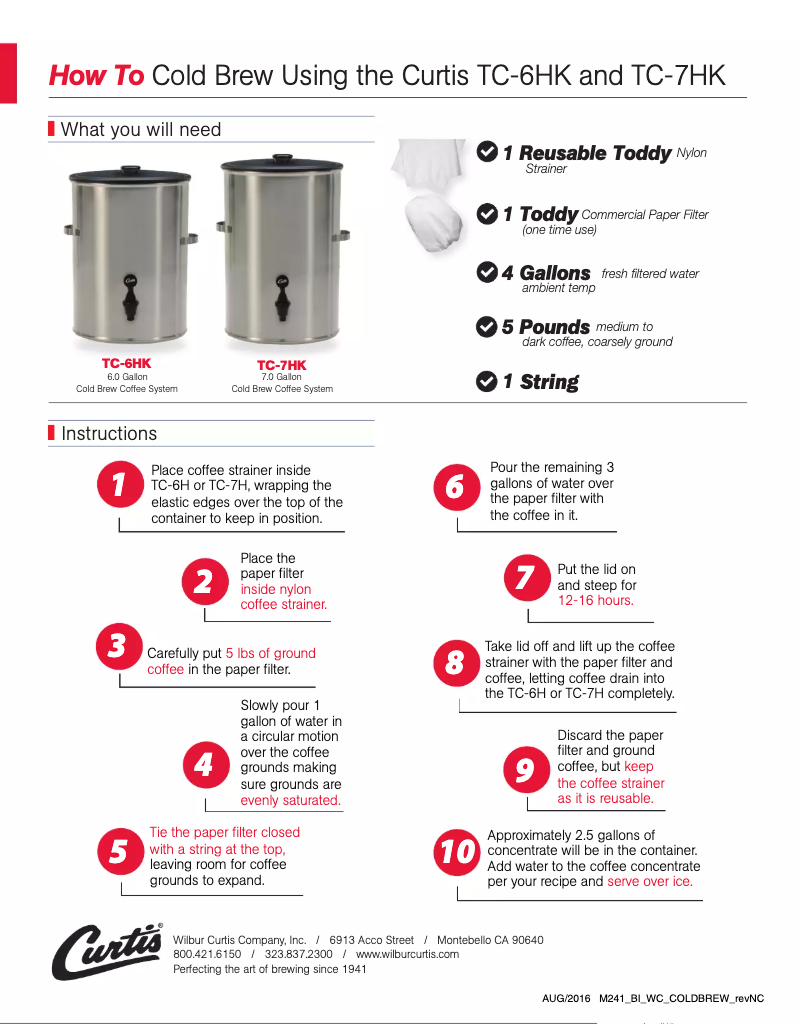Page 1 de la notice Manuel utilisateur Wilbur Curtis TC-6HK