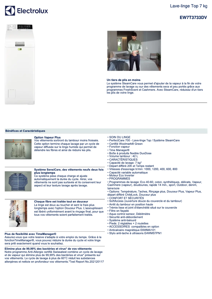 Page 1 de la notice Fiche technique Electrolux EW7T3733DV