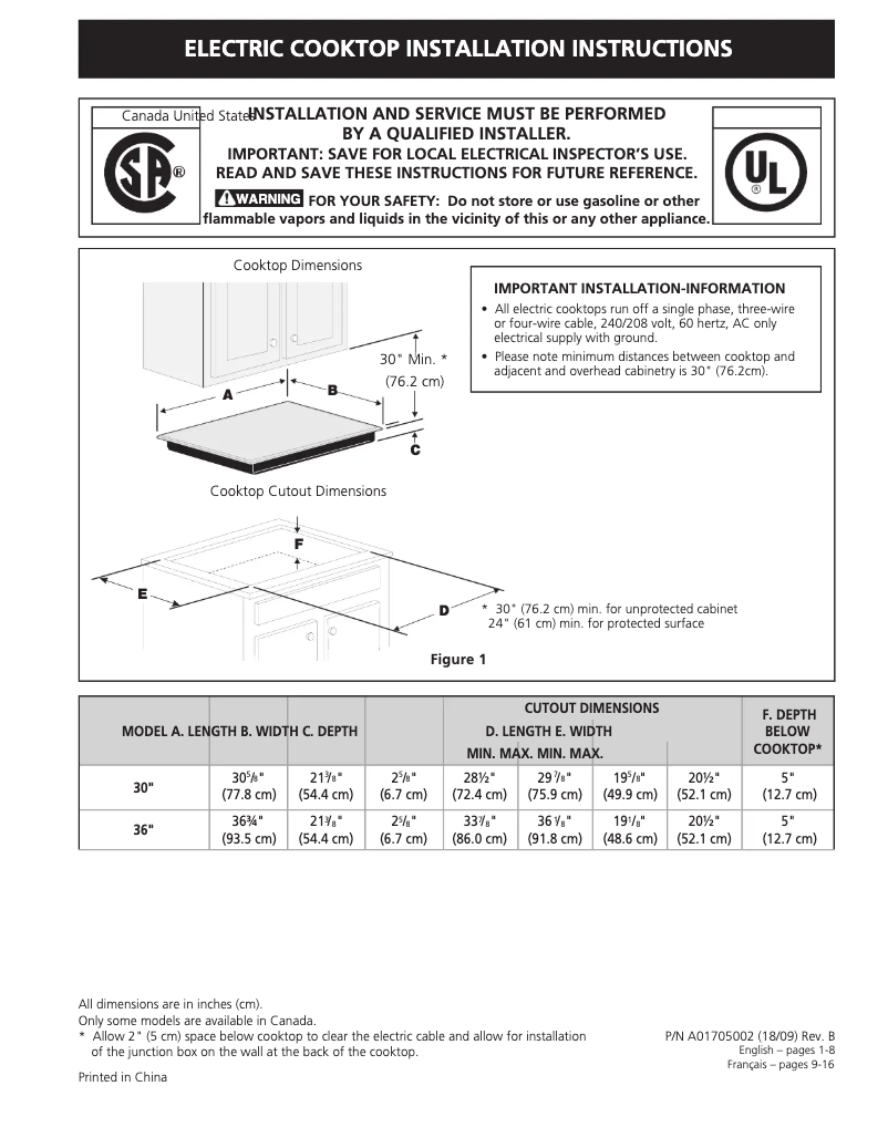 Page n°1 - Guide d'installation Frigidaire PCCE3680AF