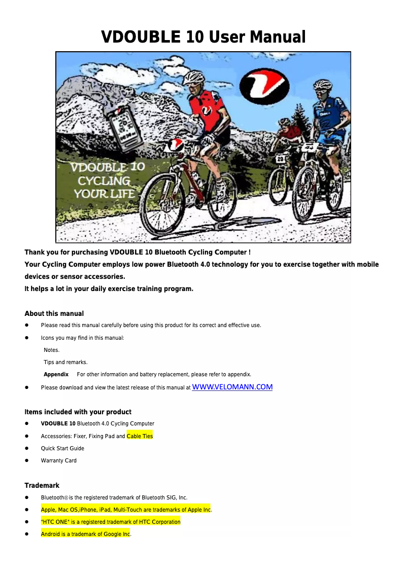 Page 1 de la notice Manuel utilisateur Velomann VDOUBLE 10