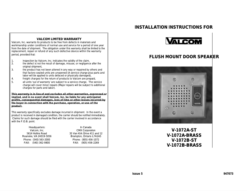 First page image of the manual for V-1072A