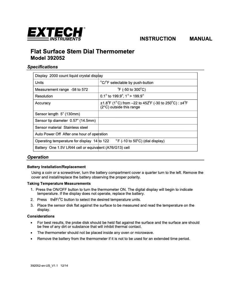 Page n°1 - Manuel utilisateur Extech 392052