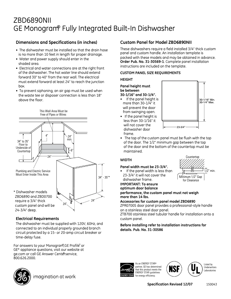 Page 1 de la notice Fiche technique GE ZBD6890NII
