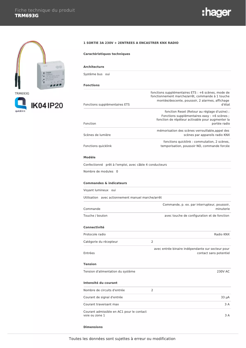 Page 1 de la notice Fiche technique Hager TRM693G