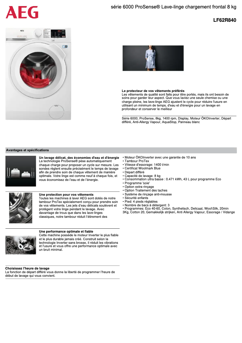 Page 1 de la notice Fiche technique AEG LF62R840