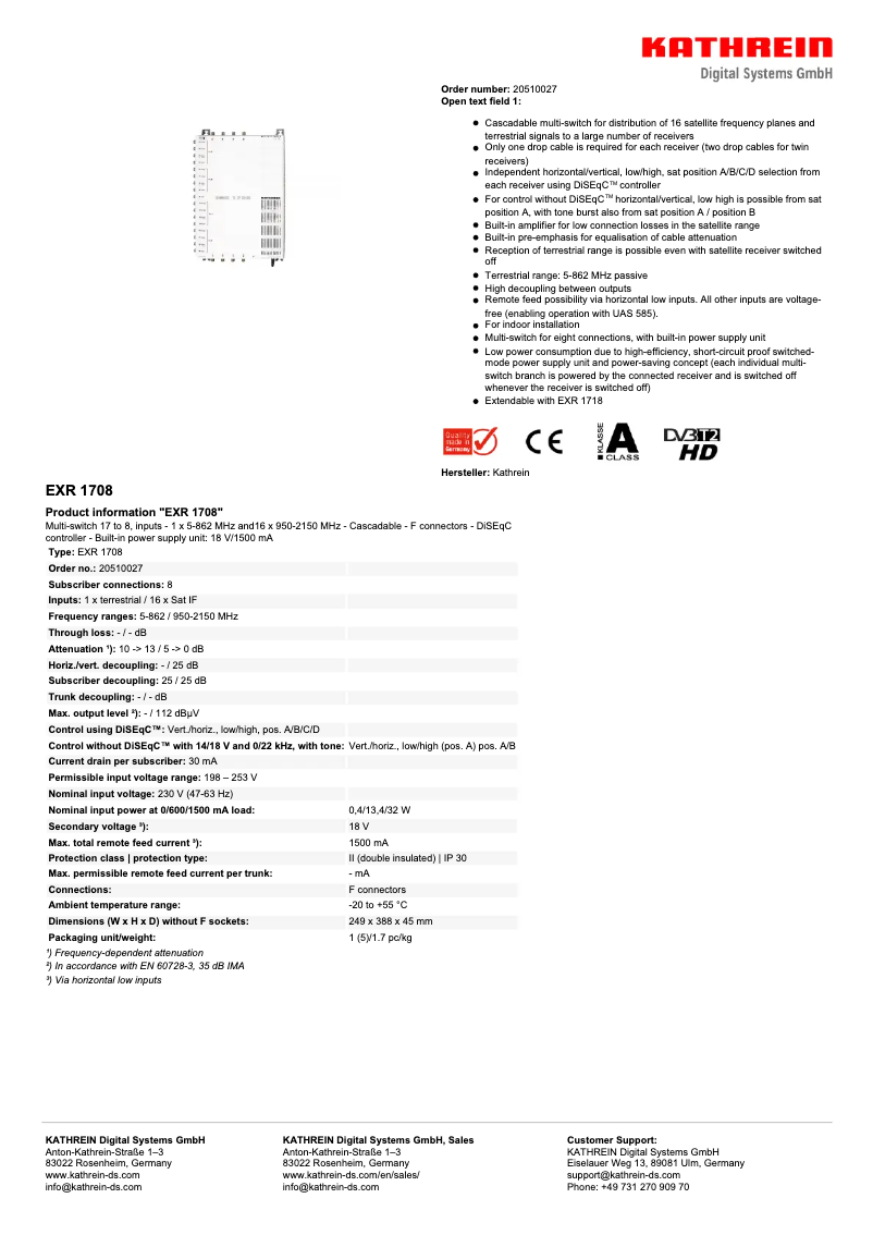 Page 1 de la notice Fiche technique Kathrein EXR 1708