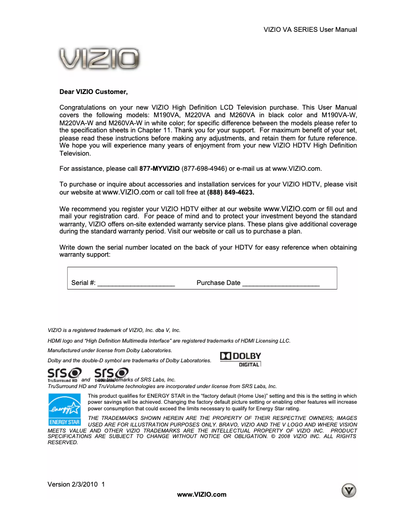 Page 1 de la notice Manuel utilisateur VIZIO M260VA-W