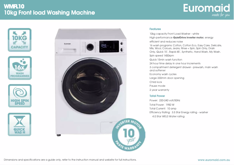 Page 1 de la notice Fiche technique Euromaid WMFL10