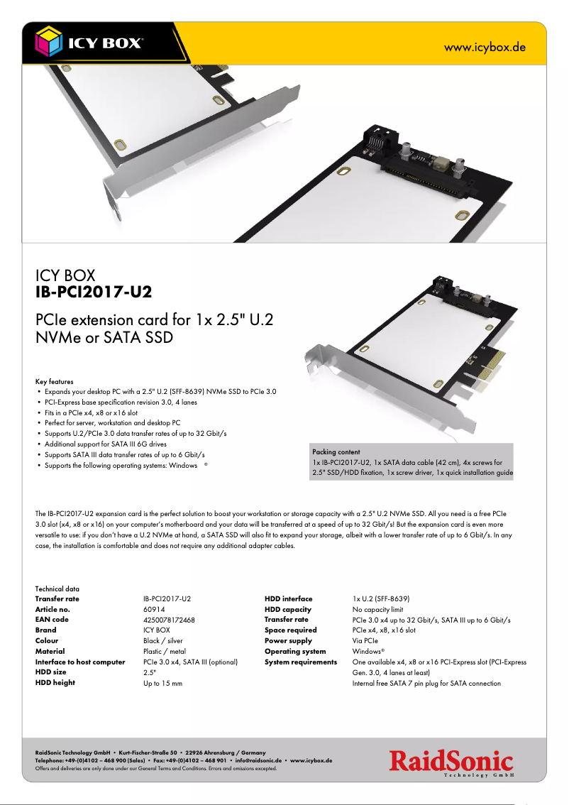 Page 1 de la notice Fiche technique Icy Box IB-PCI2017-U2