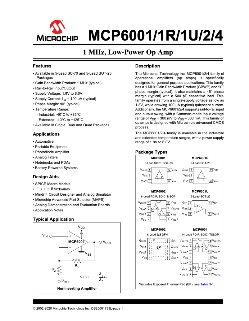 Página 1 del manual Ficha técnica Microchip MCP6001