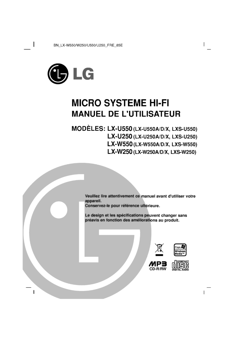 Page 1 de la notice Manuel utilisateur LG LX-U250D