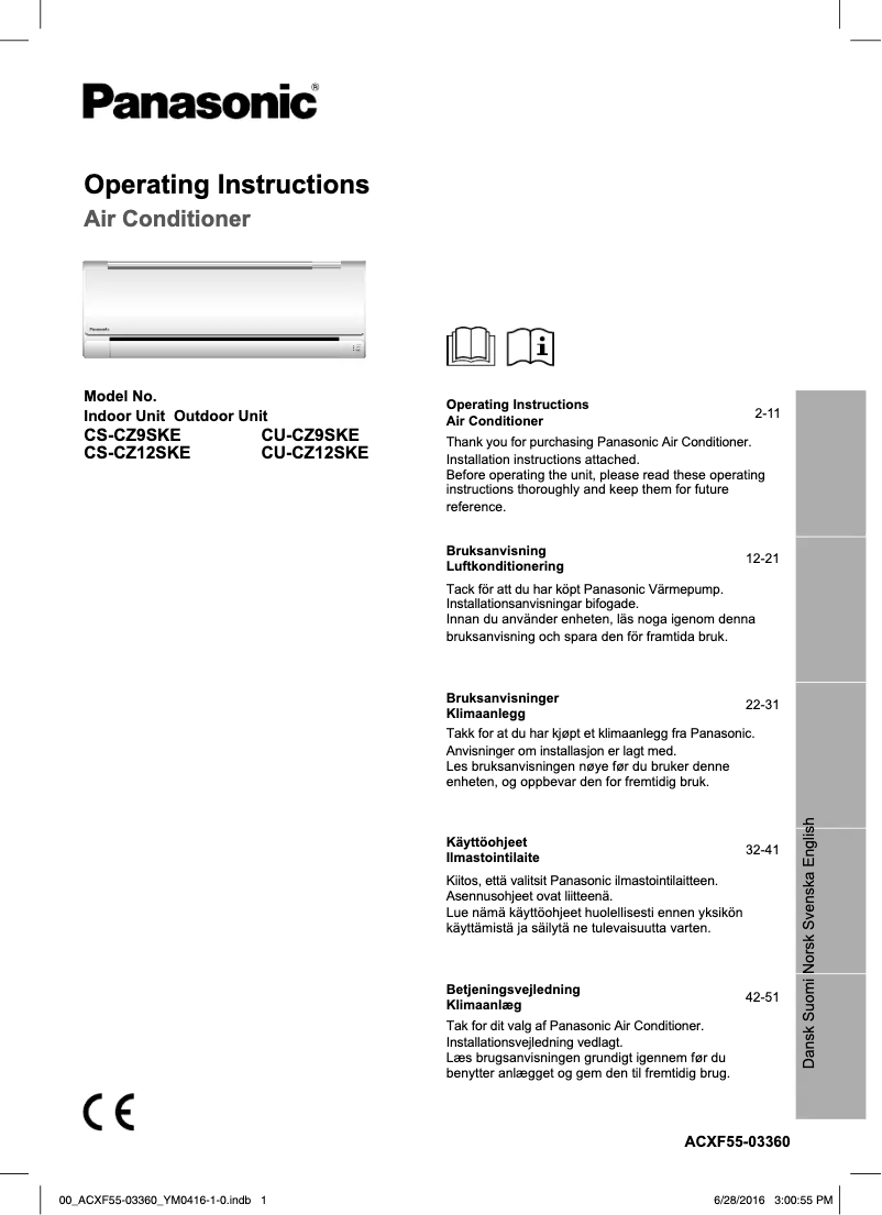Page n°1 - Manuel utilisateur Panasonic CU-CZ12SKE