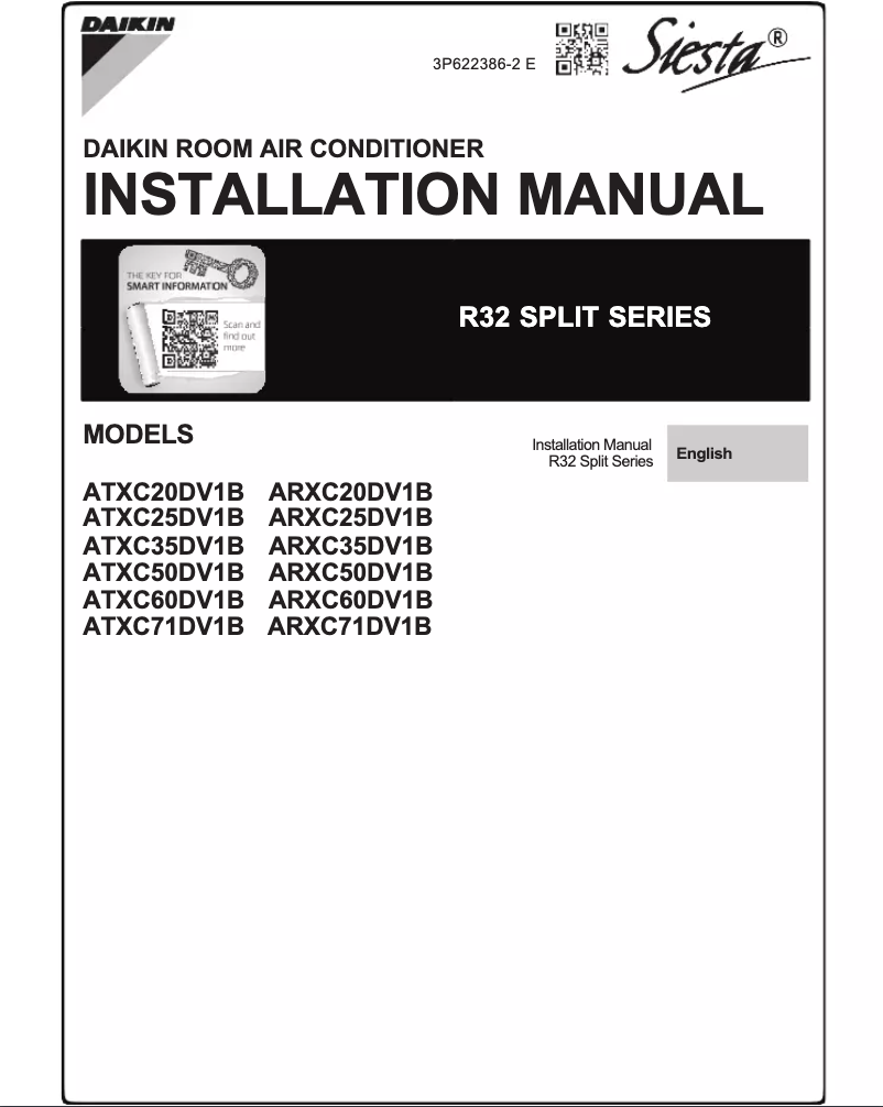 Page 1 de la notice Guide d'installation Daikin ATXC60DV1B