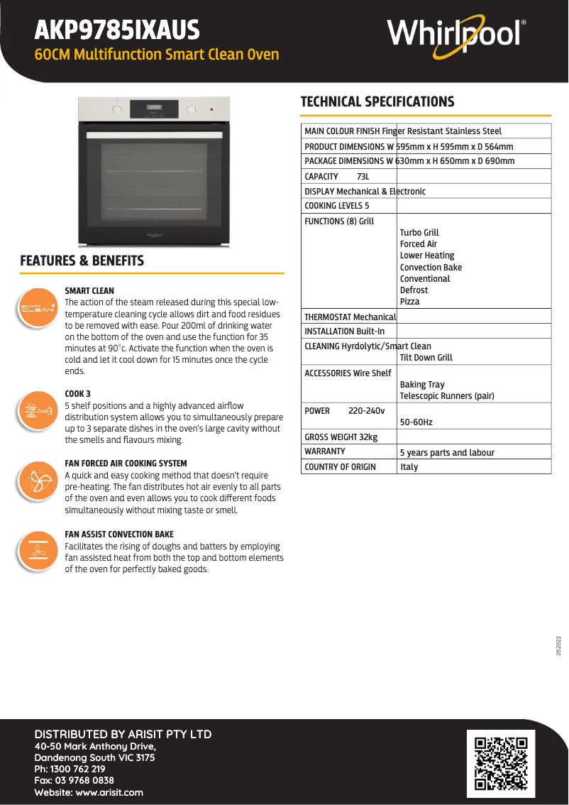 Page 1 de la notice Fiche technique Whirlpool AKP9 785 IX