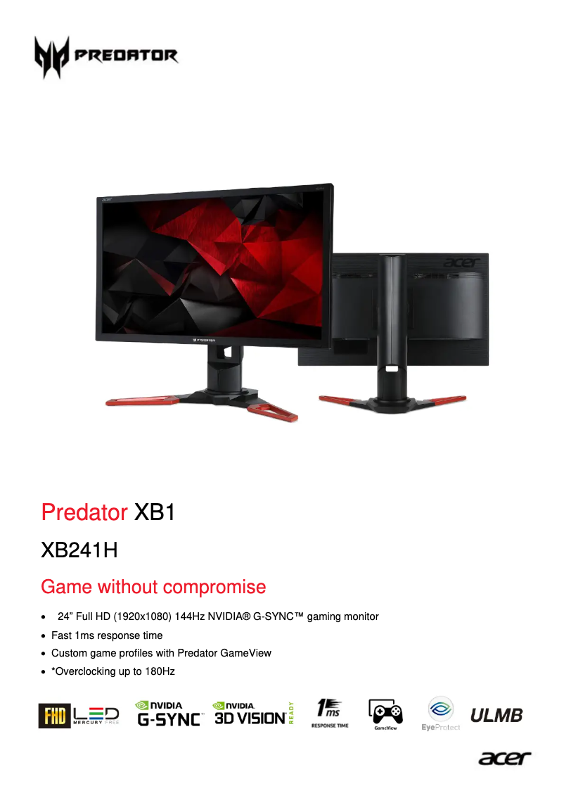 Página 1 del manual Ficha técnica Acer Predator XB1