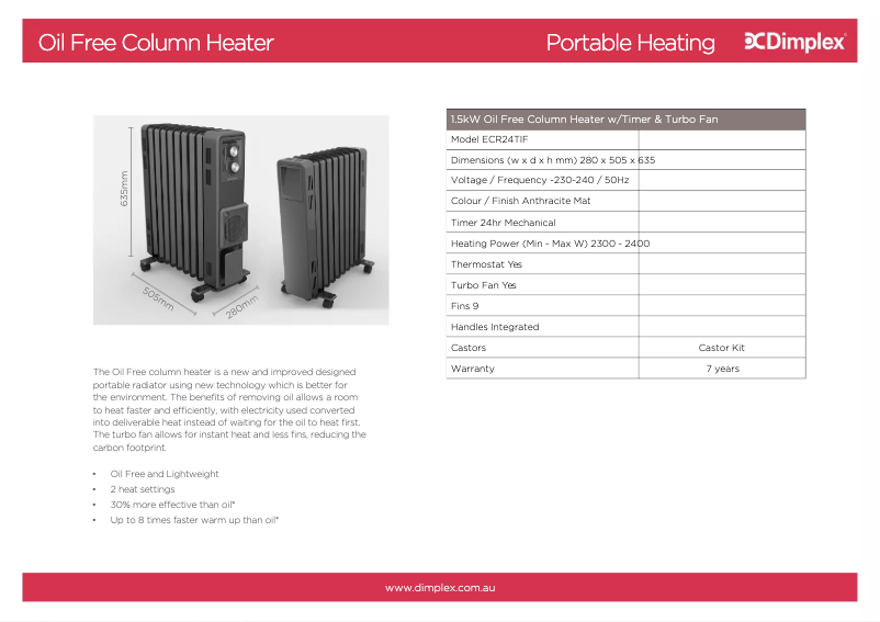 Page 1 de la notice Fiche technique Dimplex ECR24TIF