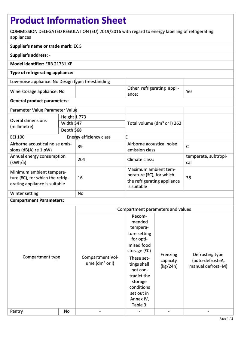 Page n°1 - Fiche technique ECG ERB 21731 XE