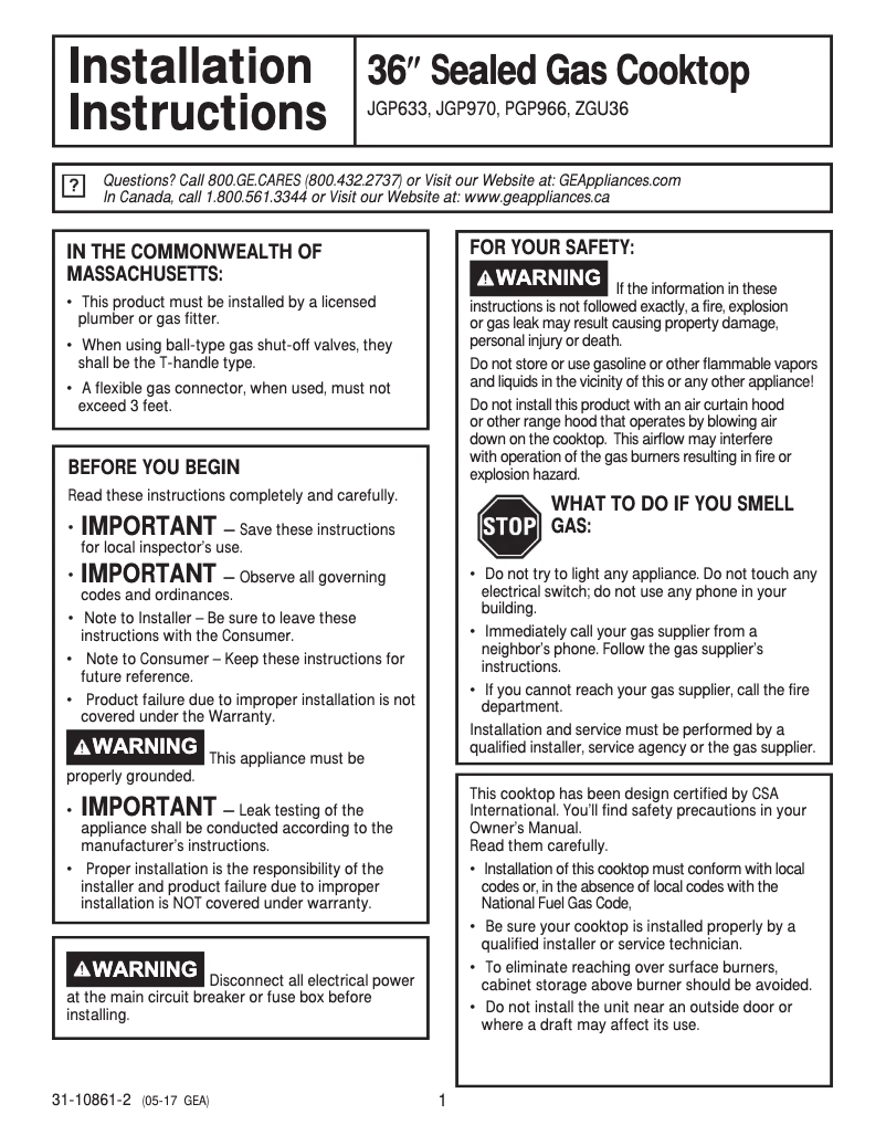 Page n°1 - Guide d'installation GE Profile PGP966SETSS