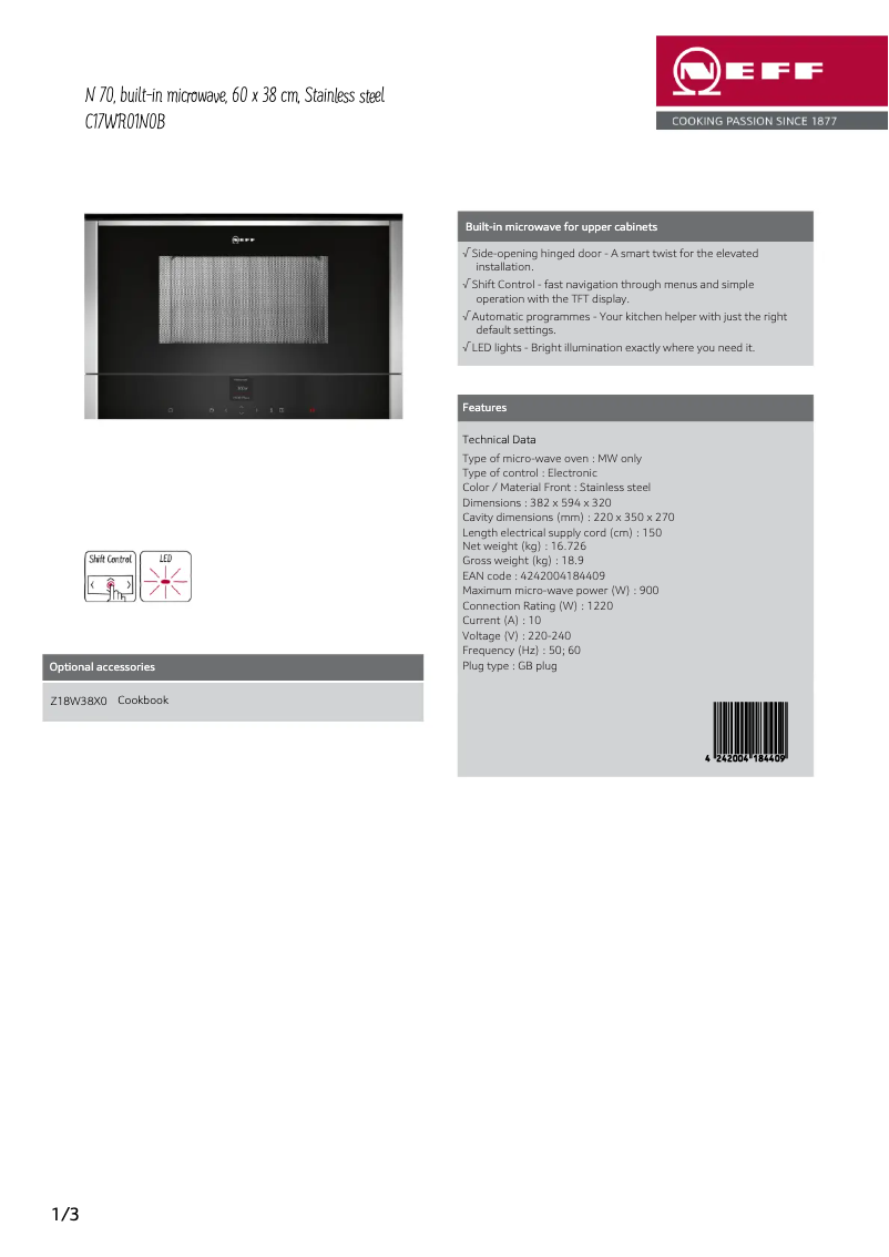 Página 1 del manual Ficha técnica Neff C17WR01N0B