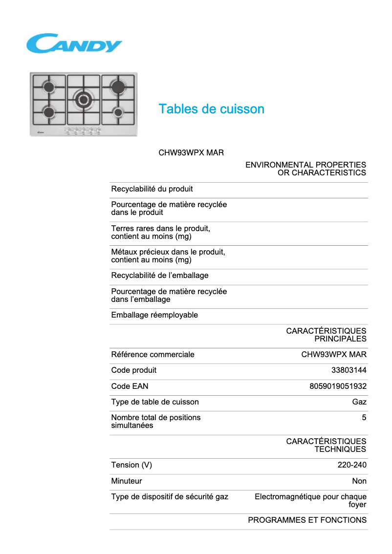 Image de la première page du manuel de l'appareil CHW93WPX MAR