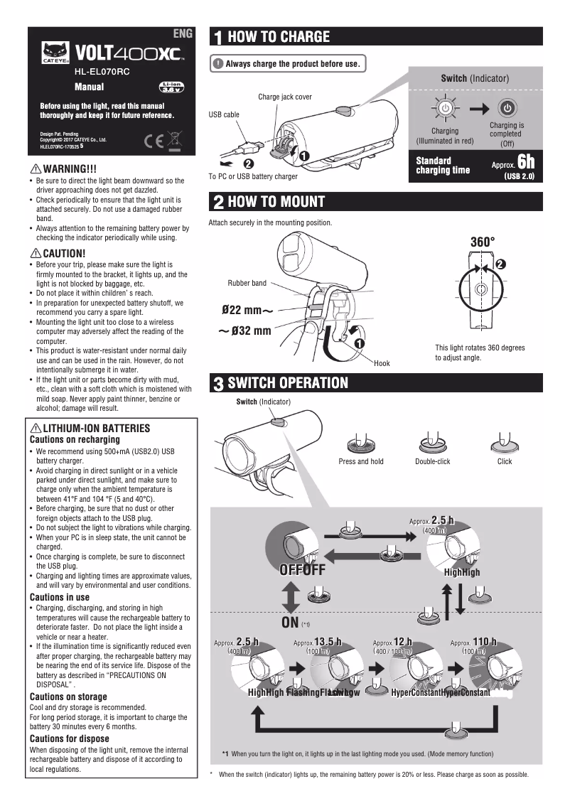 Page 1 de la notice Manuel utilisateur Cateye Volt 400 XC HL-EL070RC