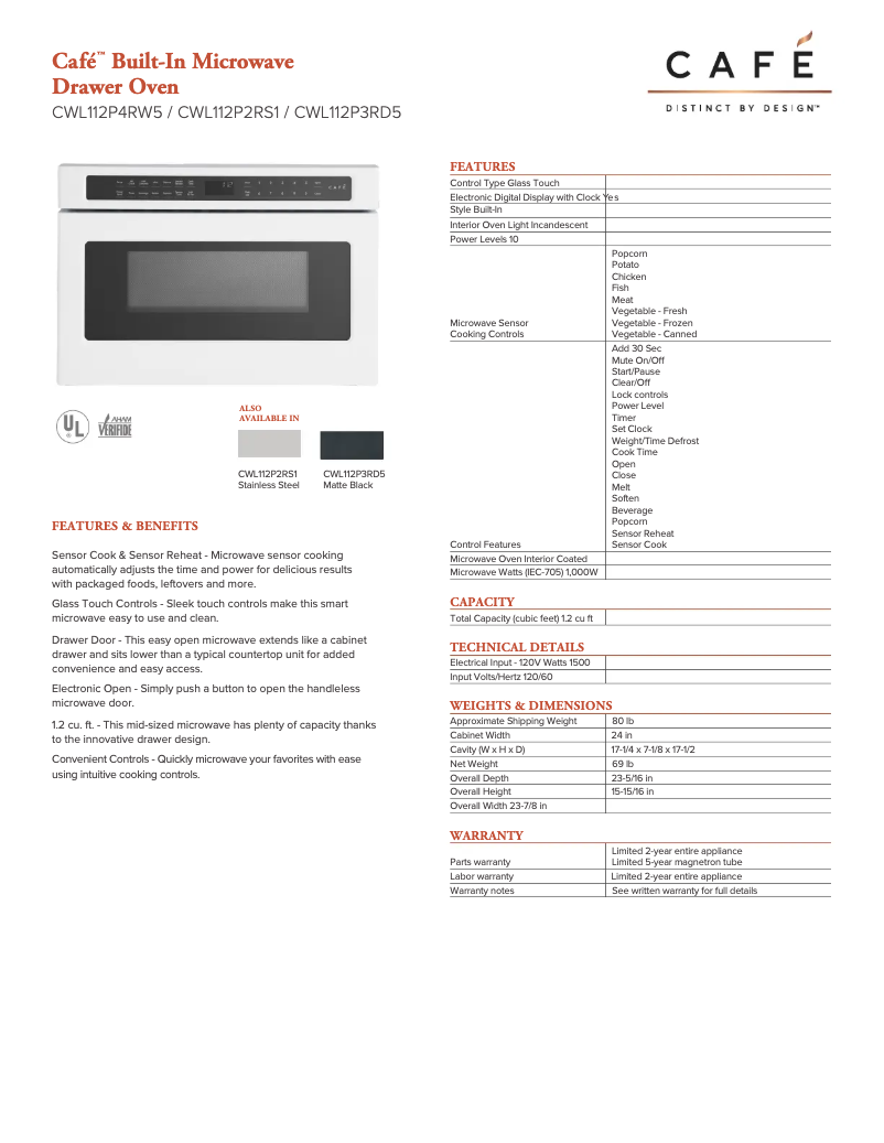 Page 1 de la notice Fiche technique GE Café CWL112P4RW5