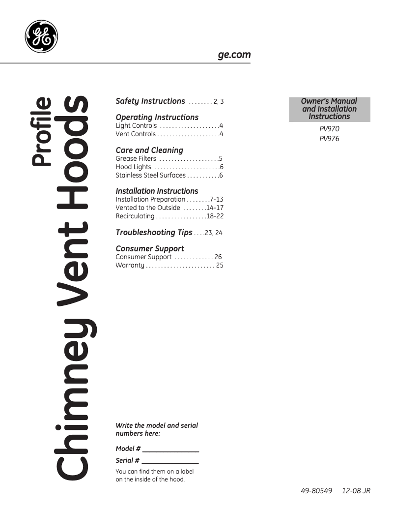 Image de la première page du manuel de l'appareil Profile PV976NSS