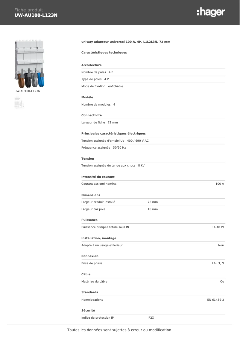 Page n°1 - Manuel utilisateur Hager UW-AU100-L123N