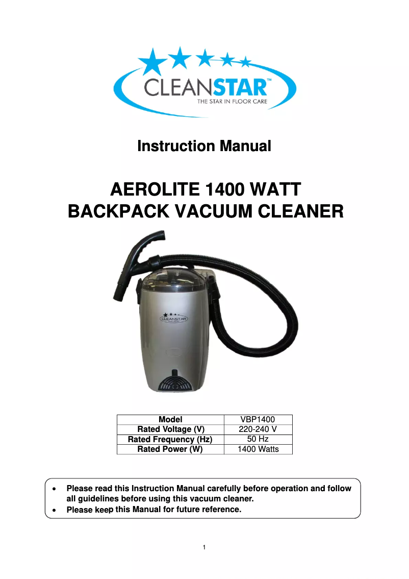 Page n°1 - Manuel utilisateur CleanStar Aerolite VBP1400