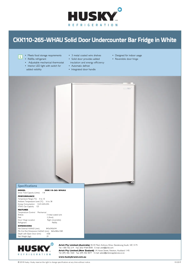Page 1 de la notice Fiche technique Husky CKK110-265-WH-AU