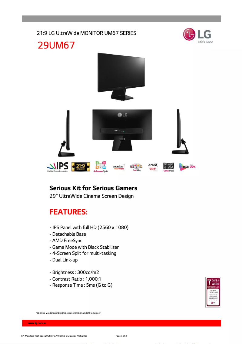Page n°1 - Fiche technique LG 29UM67-P