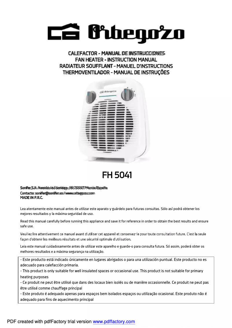 Page 1 de la notice Manuel utilisateur Orbegozo FH 5041