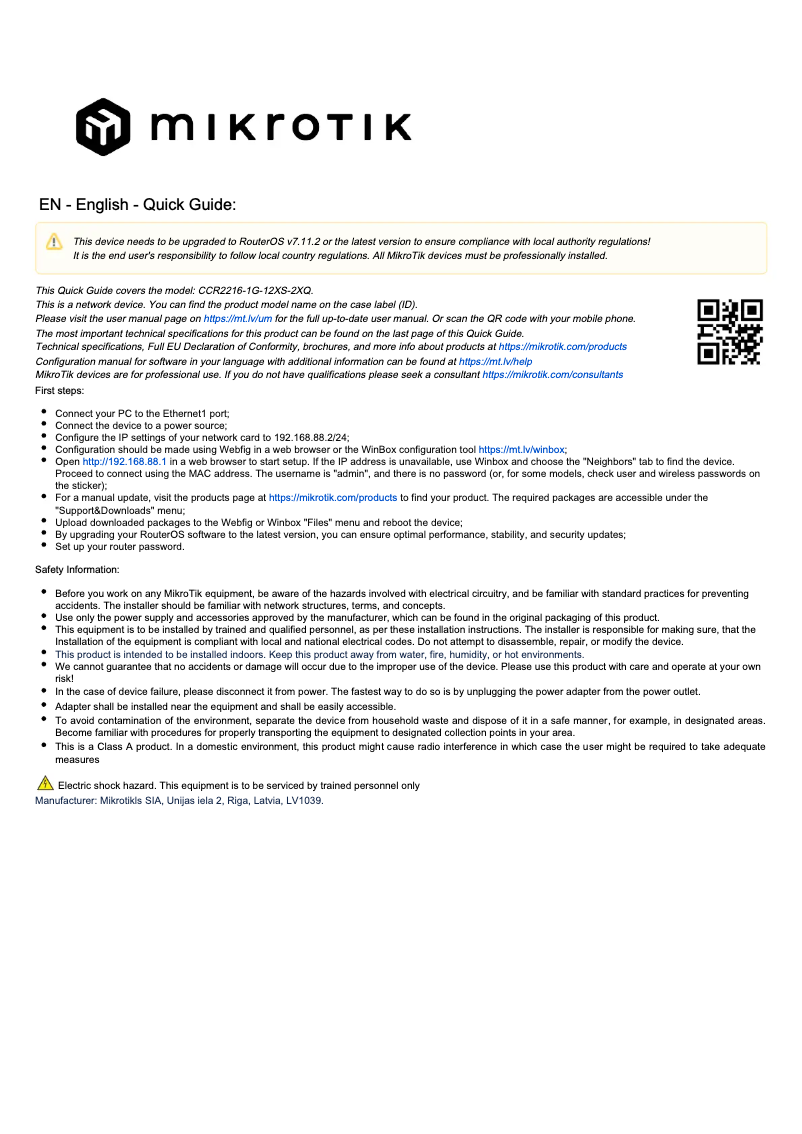 Image de la première page du manuel de l'appareil CCR2216-1G-12XS-2XQ