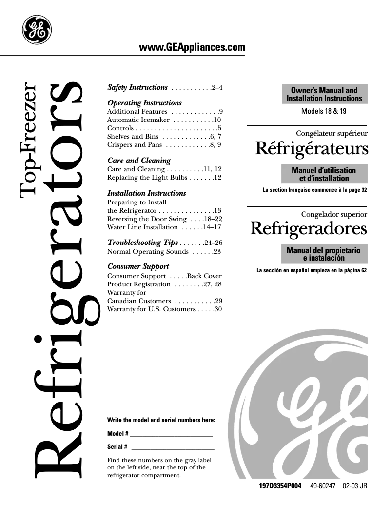 Page 1 de la notice Manuel utilisateur GE GTS18JBPCC